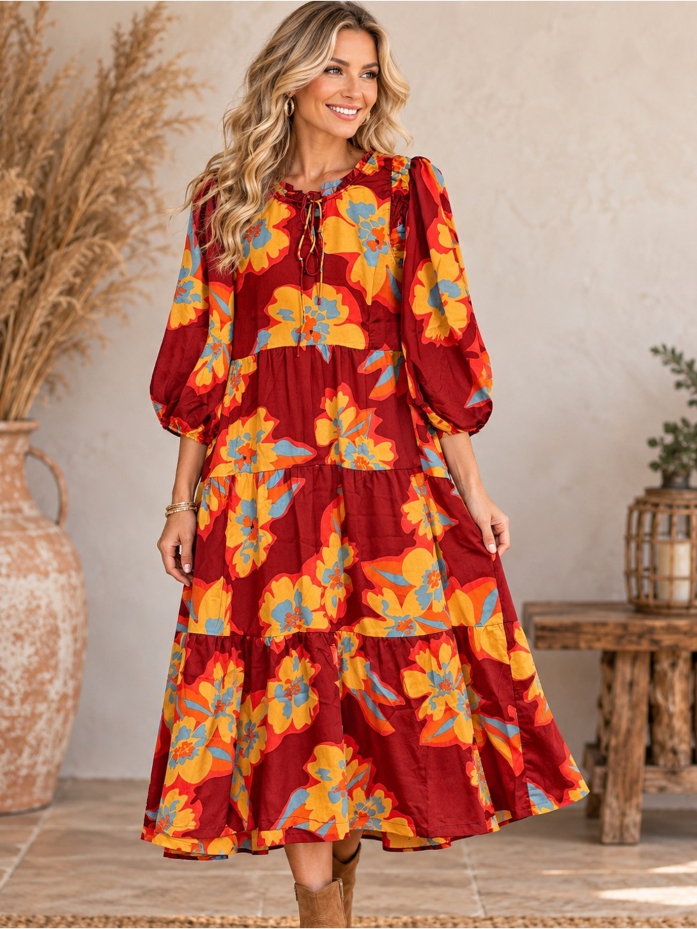 Umgee Floral Tiered Midi Maxi Dress Boho Puff Sleeve NWOT